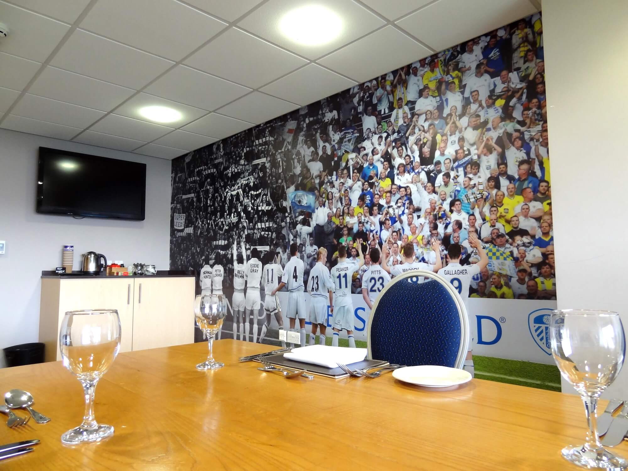 Leeds United football mural in hospitality suite
