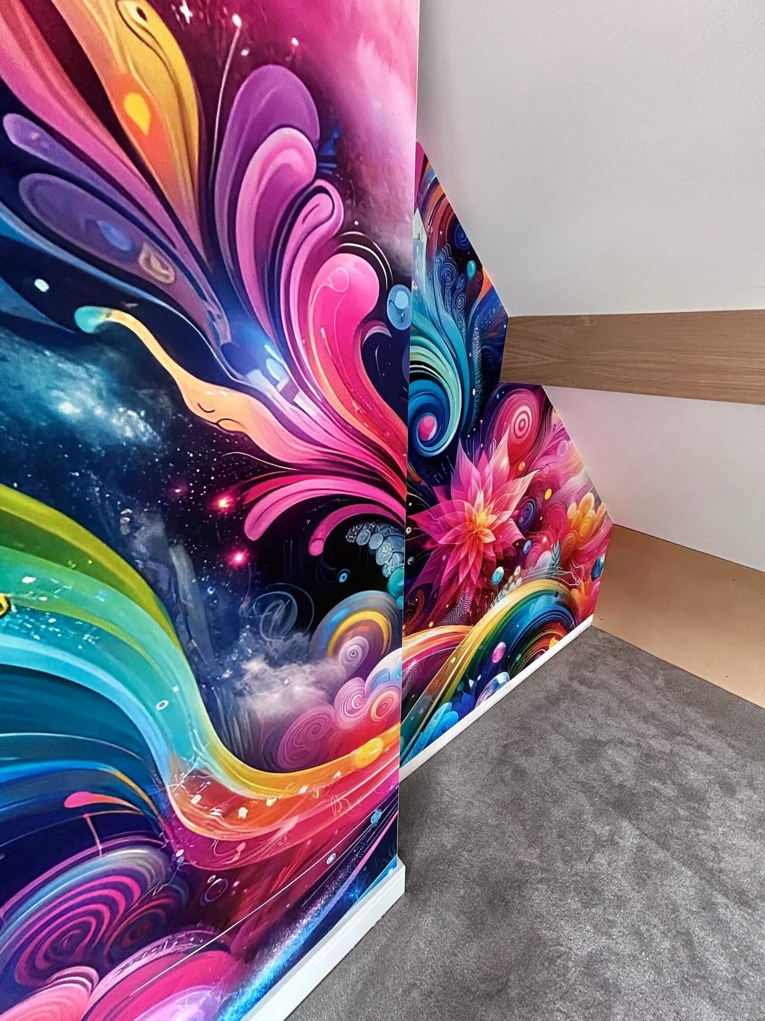Vibrant rainbow swirl abstract mural residential corner
