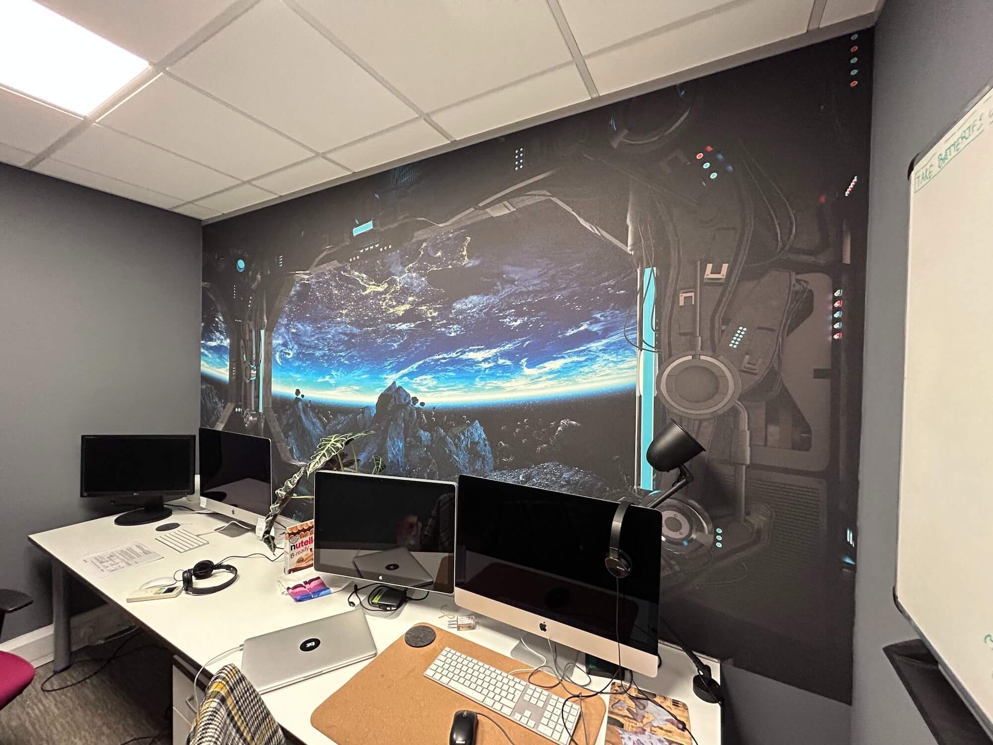 Spaceship window view of Earth, immersive office wall