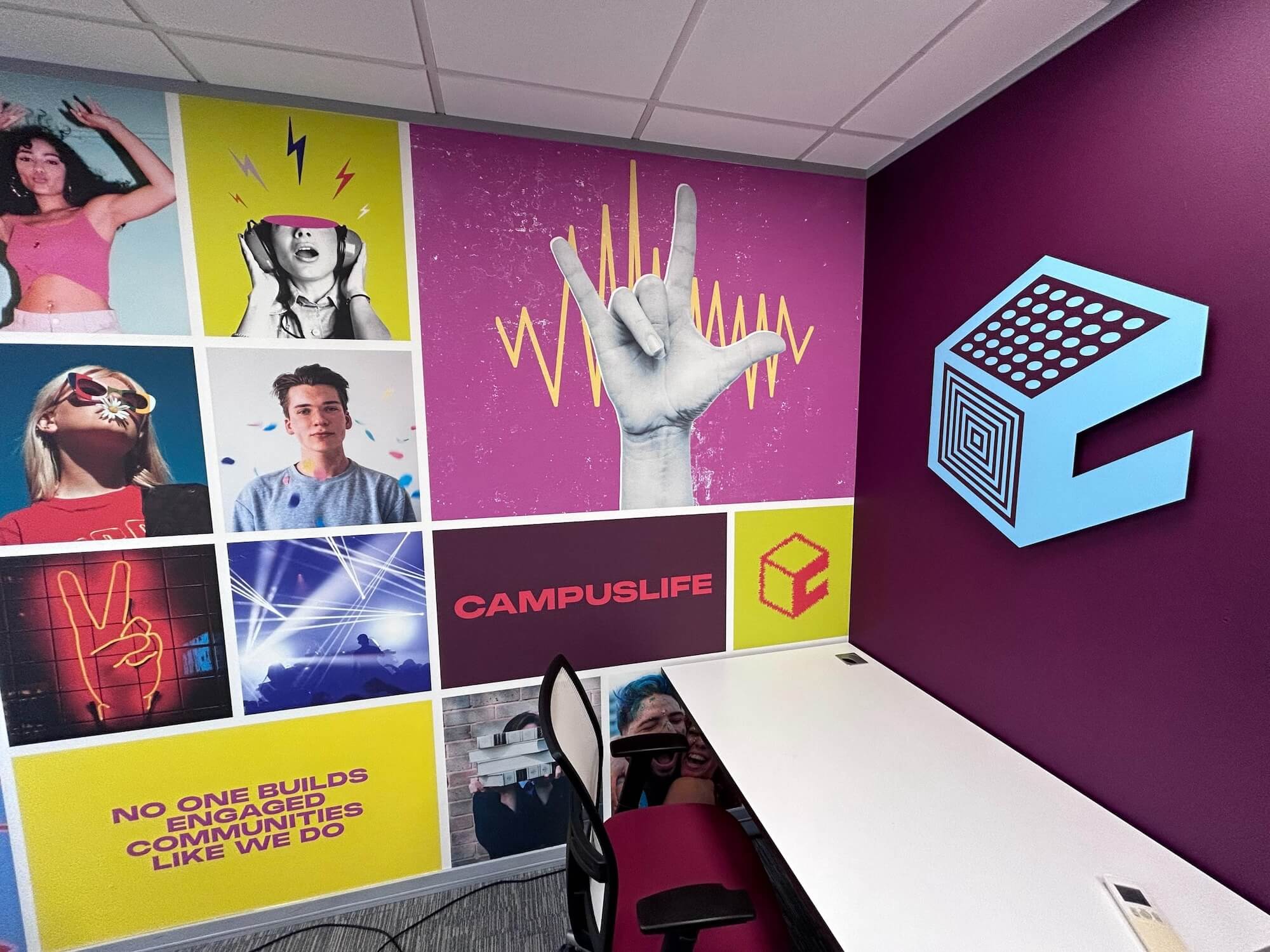 CampusLife brand collage wall mural in office